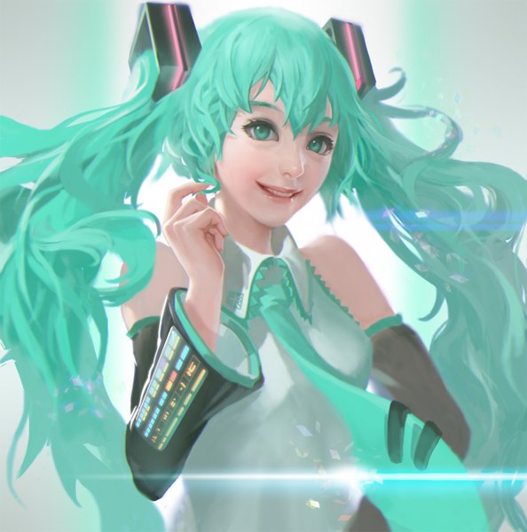 Anime picture 1232x1245 with vocaloid hatsune miku yin wo eren single long hair tall image fringe smile twintails green eyes looking away nail polish fingernails green hair wide sleeves teeth eyebrows girl detached sleeves shirt