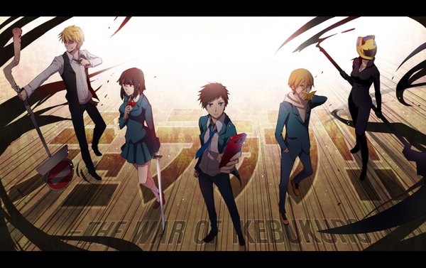 Anime picture 1600x1007 with durarara!! brains base (studio) heiwajima shizuo sonohara anri kida masaomi ryuugamine mikado celty sturluson uniform school uniform