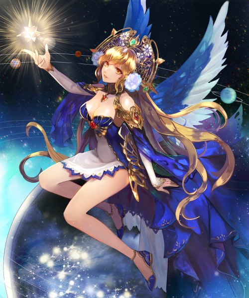 Anime picture 1000x1200 with kamigoku no valhalla gate original astarone single long hair tall image looking at viewer blonde hair yellow eyes cleavage girl dress detached sleeves wings crystal planet