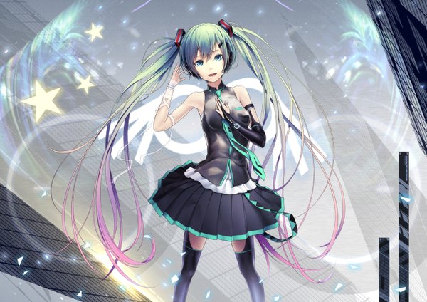 Anime picture 1414x1000 with vocaloid hatsune miku oki (koi0koi) single looking at viewer open mouth twintails bare shoulders very long hair multicolored hair aqua eyes aqua hair two-tone hair girl skirt hair ornament headphones star (symbol)