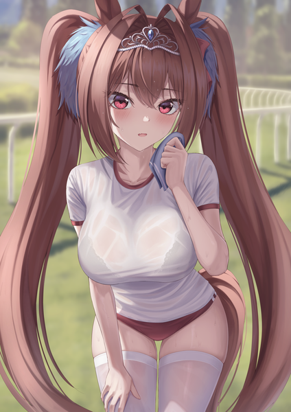 Anime picture 1400x1980 with umamusume daiwa scarlet (umamusume) marinesnow single tall image looking at viewer blush fringe breasts open mouth light erotic hair between eyes red eyes brown hair large breasts standing twintails animal ears payot outdoors