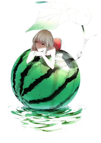 Anime picture 1000x1414 with original sousou (sousouworks) single tall image short hair simple background blonde hair white background green eyes arm support hands clasped girl swimsuit water food frills leaf (leaves) berry (berries) ball beachball