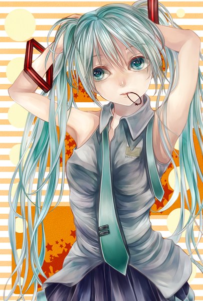 Anime picture 1181x1748 with vocaloid hatsune miku shio tsuitta single tall image twintails holding very long hair aqua eyes aqua hair mouth hold hair tie in mouth girl skirt hair ornament necktie vest hair tie