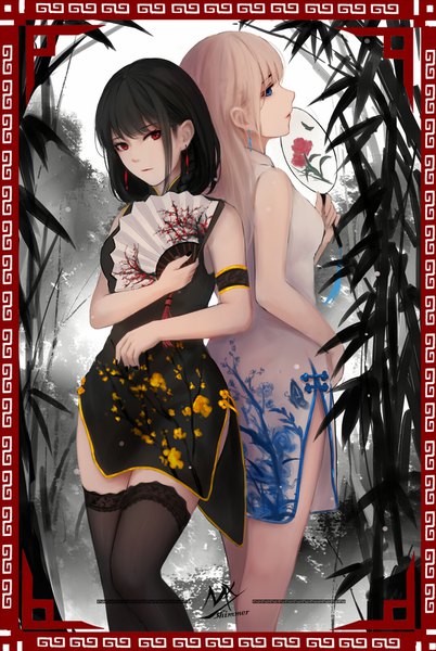 Anime picture 1066x1591 with shimmer long hair tall image looking at viewer fringe blue eyes black hair blonde hair red eyes standing bare shoulders multiple girls holding signed payot blunt bangs nail polish traditional clothes head tilt profile