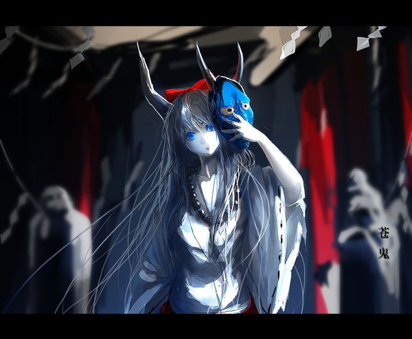Anime picture 1748x1438 with touhou ibuki suika kzcjimmy single long hair looking at viewer highres holding traditional clothes japanese clothes horn (horns) grey hair glowing hieroglyph letterboxed glowing eye (eyes) pale skin mask on head girl bow