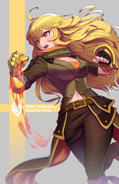 Anime picture 1200x1853 with rwby rooster teeth yang xiao long uyalago single long hair tall image breasts open mouth blonde hair red eyes looking away ahoge character names serious mechanical arms girl gloves black gloves jacket