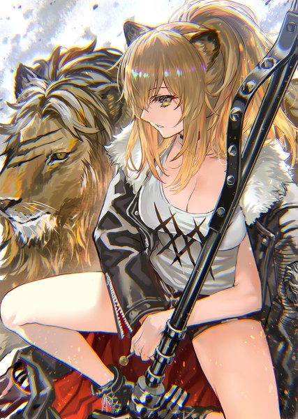 Anime-Bild 855x1200 mit arknights siege (arknights) ranou single long hair tall image looking at viewer fringe breasts light erotic hair between eyes brown hair large breasts sitting brown eyes animal ears payot cleavage ponytail parted lips