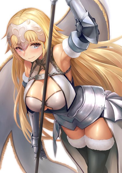 Anime picture 2508x3541 with fate (series) fate/apocrypha jeanne d'arc (fate) (all) jeanne d'arc (fate) akita hika single long hair tall image blush highres breasts blue eyes light erotic blonde hair simple background large breasts white background holding looking away armpit (armpits)