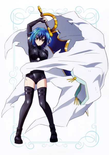 Anime picture 4955x7010 with highschool dxd xenovia quarta single tall image looking at viewer highres short hair white background yellow eyes blue hair absurdres multicolored hair scan two-tone hair official art streaked hair girl thighhighs weapon black thighhighs