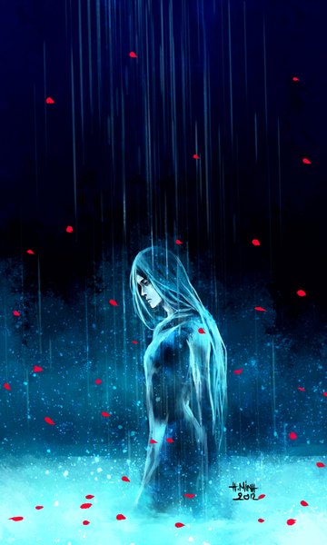 Anime picture 1200x2000 with nanfe single long hair tall image standing signed blue hair profile night grey eyes rain girl petals
