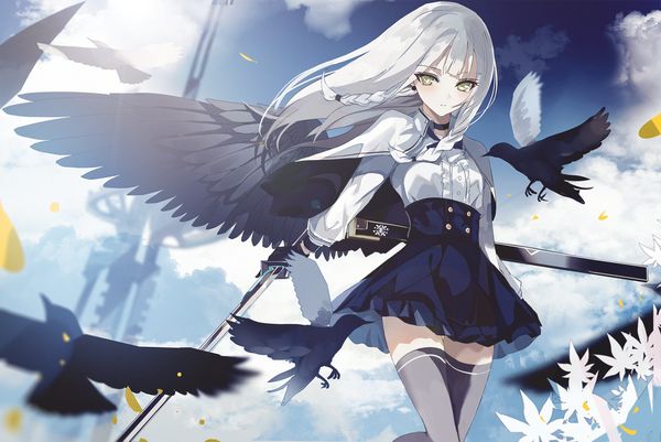Anime picture 1500x1003 with original beckzawachi single long hair looking at viewer blush fringe breasts standing holding green eyes sky cloud (clouds) bent knee (knees) outdoors white hair blunt bangs braid (braids) long sleeves wind