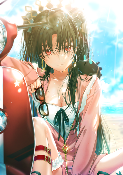 Anime picture 900x1279 with fate (series) fate/grand order ishtar (fate) ishtar (swimsuit rider) (fate) dangmill single long hair tall image looking at viewer fringe black hair hair between eyes red eyes sitting sky cloud (clouds) bent knee (knees) outdoors sunlight two side up