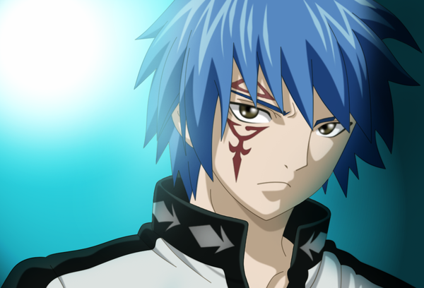 Anime picture 1070x728 with fairy tail jellal fernandes single short hair simple background blue hair grey eyes tattoo facial mark portrait light face paint boy choker
