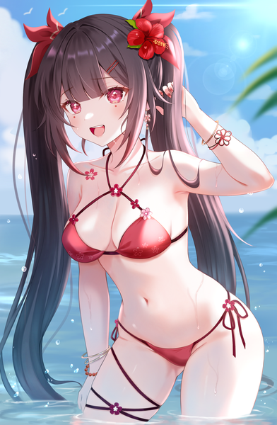 Anime picture 1262x1934 with honkai: star rail honkai (series) sparkle (honkai: star rail) nasii single long hair tall image looking at viewer blush fringe breasts open mouth light erotic smile red eyes brown hair standing twintails payot sky