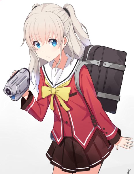 Anime picture 700x903 with charlotte p.a. works tomori nao kenkaizar single long hair tall image fringe blue eyes simple background hair between eyes white background signed payot looking away grey hair leaning two side up leaning forward girl
