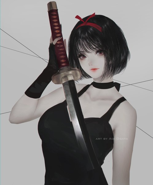 Anime-Bild 1188x1431 mit original aoi ogata single tall image looking at viewer fringe short hair breasts black hair simple background bare shoulders holding brown eyes signed upper body nail polish arm up fingernails lips grey background