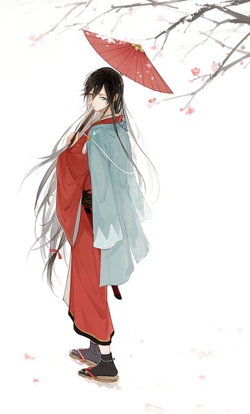 Anime picture 800x1322 with touken ranbu nitroplus izuminokami kanesada wonkrin single tall image blue eyes black hair simple background hair between eyes white background looking away full body braid (braids) very long hair traditional clothes japanese clothes looking back from above side braid