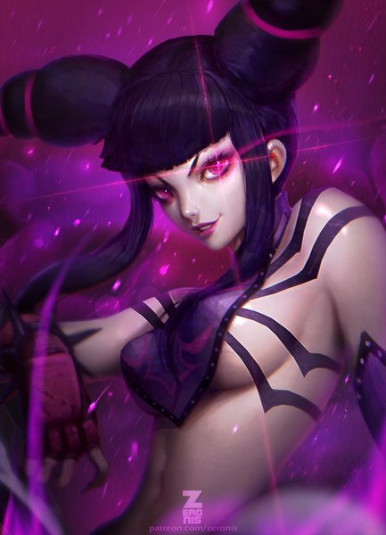 Anime picture 600x831 with street fighter capcom han juri paul (shiramune) single long hair tall image looking at viewer breasts light erotic black hair smile bare shoulders signed pink eyes realistic hair bun (hair buns) glowing glowing eye (eyes) girl
