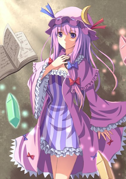 Anime picture 775x1100 with touhou patchouli knowledge suikakitsu shiro single long hair tall image looking at viewer blush purple eyes cleavage purple hair hand on chest light striped crescent girl dress hair ornament ribbon (ribbons) bow