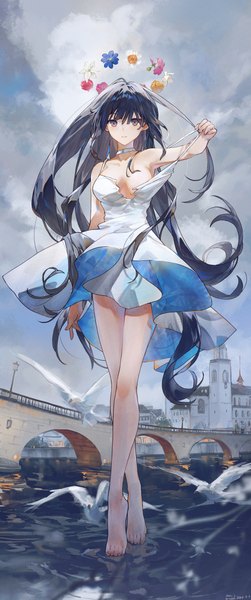 Anime picture 2764x6614 with original swkl:d single long hair tall image looking at viewer fringe highres breasts light erotic black hair hair between eyes brown eyes signed cloud (clouds) full body parted lips arm up from below dated