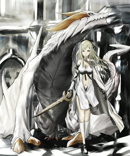 Anime picture 900x1080 with drakengard zero (drag-on dragoon) tanikku long hair tall image looking at viewer fringe breasts blonde hair smile standing bare shoulders wind bare belly high heels fantasy girl dress gloves ribbon (ribbons)