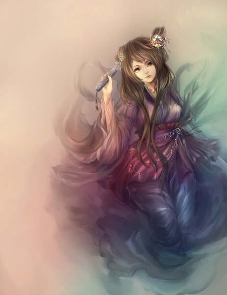 Anime picture 2550x3300 with original mumi single long hair tall image looking at viewer highres brown hair brown eyes brown background girl dress hair ornament closed fan