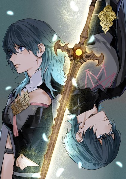 Anime picture 651x923 with fire emblem fire emblem: three houses nintendo byleth (fire emblem) byleth (female) (fire emblem) byleth (male) (fire emblem) tang xinzi long hair tall image fringe short hair blue eyes hair between eyes looking away upside down dark hair girl boy weapon sword