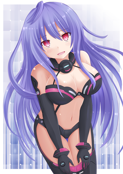 Anime picture 1100x1556 with choujigen game neptune kami jigen game neptune v iris heart kazenokaze single long hair tall image looking at viewer blush breasts open mouth light erotic smile red eyes large breasts bare shoulders blue hair cleavage bare belly symbol-shaped pupils