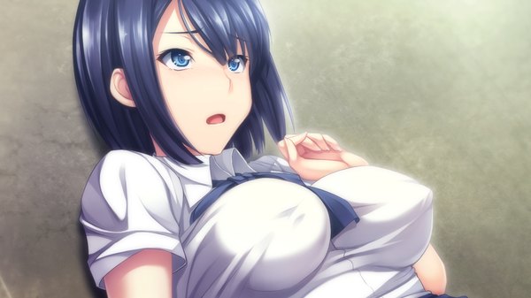 Anime picture 1280x720 with sousei kitan aerial kudou ryouko short hair breasts open mouth blue eyes light erotic black hair wide image large breasts game cg girl