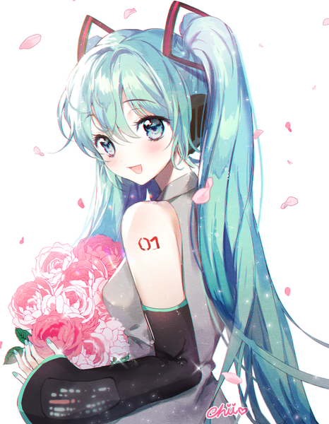 Anime picture 700x900 with vocaloid hatsune miku chii (nyaong9) single long hair tall image looking at viewer blush fringe open mouth simple background smile hair between eyes white background twintails signed upper body nail polish :d aqua eyes