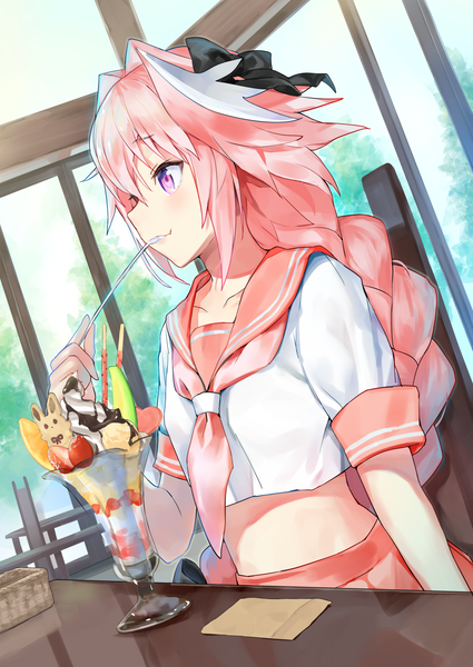 Anime picture 1133x1600 with fate (series) fate/grand order fate/apocrypha astolfo (fate) nanotaro single long hair tall image sitting purple eyes looking away pink hair white hair indoors braid (braids) profile multicolored hair two-tone hair midriff streaked hair