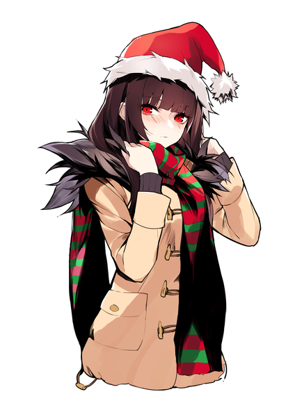 Anime-Bild 2480x3508 mit girls frontline wa2000 (girls frontline) inxst single long hair tall image looking at viewer fringe highres simple background red eyes brown hair white background upper body blunt bangs adjusting clothes girl hat scarf coat