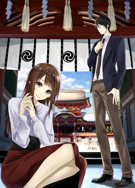 Anime picture 765x1061 with original mikipuruun no naegi long hair tall image fringe short hair black hair smile hair between eyes brown hair sitting brown eyes head tilt light smile girl dress boy skirt necktie shrine