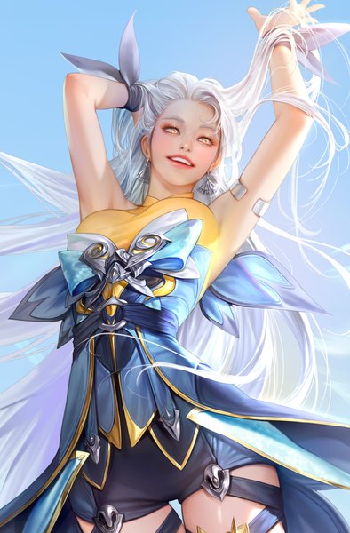 Anime picture 2352x3583 with original taekwon kim single long hair tall image looking at viewer highres open mouth smile yellow eyes sky white hair very long hair realistic arms up from below armpit (armpits) sleeveless lipstick girl