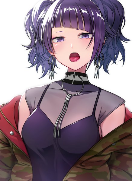 Anime picture 1172x1606 with idolmaster idolmaster shiny colors tanaka mamimi gomibukurokarasu single tall image short hair open mouth simple background white background purple eyes twintails payot purple hair upper body off shoulder open jacket short twintails camouflage girl