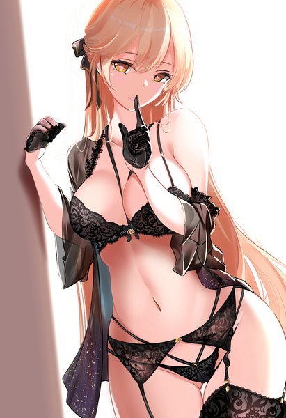 Anime picture 960x1400 with girls frontline ots-14 (girls frontline) fatkewell single long hair tall image looking at viewer fringe breasts open mouth light erotic simple background blonde hair large breasts standing yellow eyes cleavage parted lips head tilt off shoulder