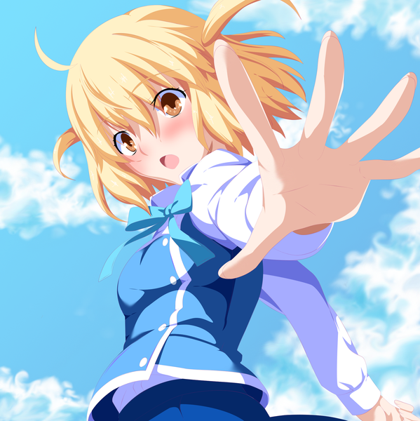 Anime picture 1976x1980 with d-frag! brains base (studio) shibasaki roka matias54 single tall image blush highres short hair open mouth blonde hair brown eyes sky cloud (clouds) ahoge two side up coloring girl uniform school uniform