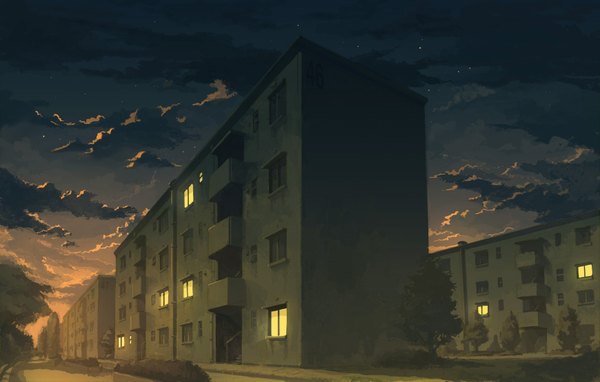 Anime picture 1740x1109 with original kome (artist) highres sky cloud (clouds) night night sky city no people plant (plants) tree (trees) building (buildings) house