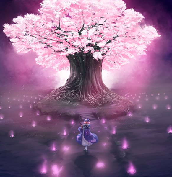 Anime picture 1600x1650 with touhou saigyouji yuyuko suehan (artist) single tall image short hair red eyes pink hair glowing girl dress plant (plants) tree (trees) bonnet skull