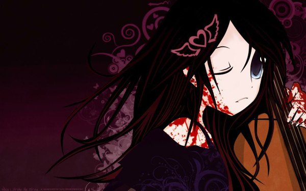 Anime picture 1280x800 with original rika23 single long hair brown hair wide image one eye closed wink dark background girl blood violin