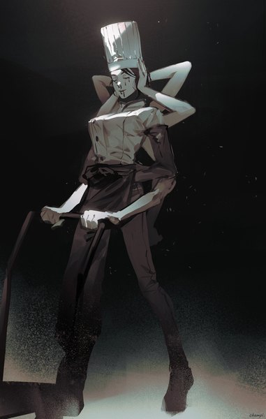 Anime picture 1903x3000 with chainsaw man mappa falling devil (chainsaw man) champi single tall image highres full body eyes closed monochrome extra arms chef severed head girl uniform chef hat