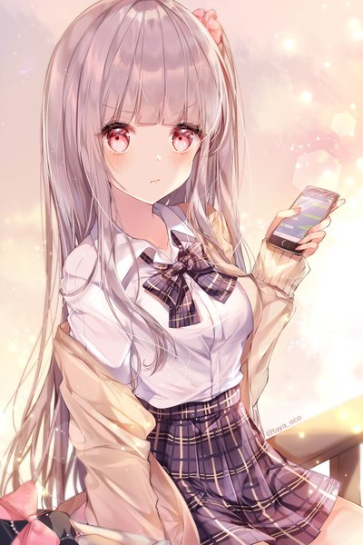 Anime picture 1181x1771 with original taya oco single long hair tall image looking at viewer blush fringe breasts red eyes sitting holding signed payot sky silver hair cloud (clouds) outdoors blunt bangs long sleeves