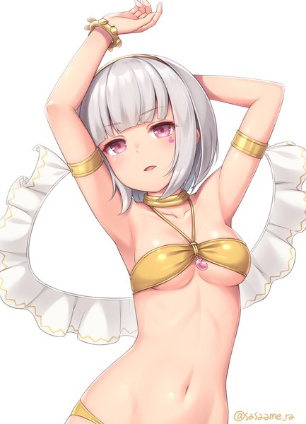Anime picture 600x830 with original sasaame single tall image looking at viewer blush fringe short hair breasts open mouth light erotic simple background white background signed silver hair upper body blunt bangs traditional clothes head tilt pink eyes