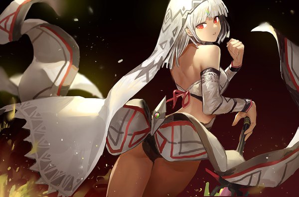 Anime picture 1367x900 with fate (series) fate/grand order fate/extra fate/extella altera (fate) canking single fringe short hair breasts light erotic simple background red eyes standing ass white hair blunt bangs parted lips looking back from behind