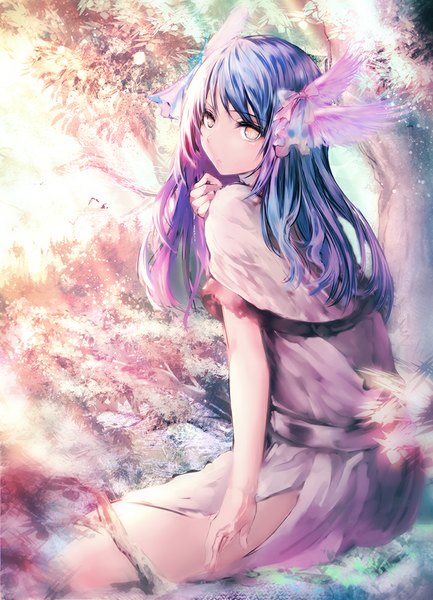Anime picture 722x1000 with original iori (cpeilad) single long hair tall image looking at viewer sitting blue hair outdoors pink eyes head wings girl plant (plants) wings tree (trees) mantle bushes