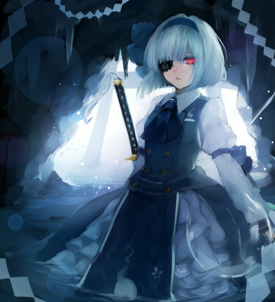Anime picture 1000x1100 with touhou konpaku youmu myon renkarua single tall image looking at viewer fringe short hair open mouth red eyes standing silver hair lips partially submerged lens flare fog adapted costume girl dress