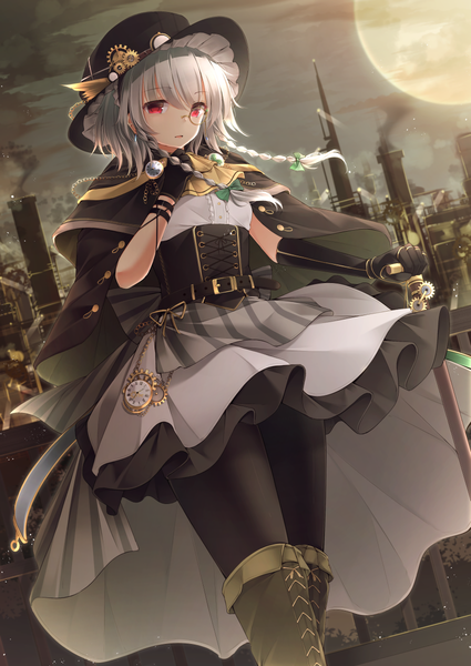 Anime picture 850x1200 with touhou izayoi sakuya toyosaki shu single long hair tall image looking at viewer fringe hair between eyes red eyes standing holding silver hair braid (braids) parted lips pleated skirt night dutch angle alternate costume night sky