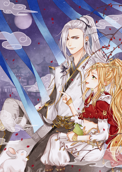 Anime picture 1240x1754 with jianxia qingyuan 3 yanwu long hair tall image blonde hair sitting green eyes silver hair cloud (clouds) ponytail profile night grey eyes night sky turning head city cityscape girl boy ribbon (ribbons)