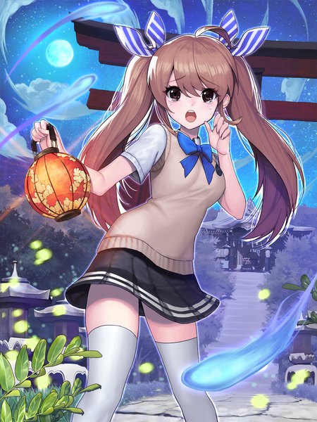 Anime picture 960x1280 with original kyundoo single long hair tall image looking at viewer fringe open mouth hair between eyes brown hair standing twintails holding payot cloud (clouds) ahoge outdoors pleated skirt black eyes night