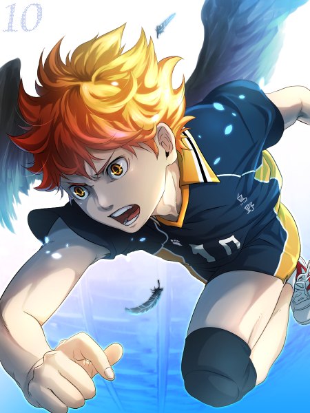 Anime picture 900x1200 with haikyuu!! production i.g hinata shouyou marichi single tall image short hair open mouth yellow eyes bent knee (knees) fingernails orange hair flying black wings spiked hair screaming boy uniform wings feather (feathers)